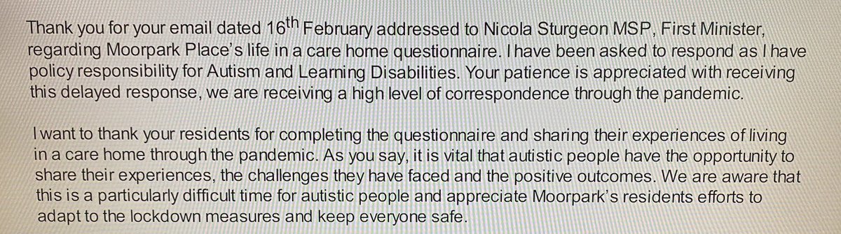 MoorparkPlace's tweet photo. And we have a response.....

You may remember that in February Moorpark residents wrote to @scotgov to share their experiences of life in a care-home during the pandemic?

See here an excerpt from the governments response...

Thank you for listening to us 🙌🏼 https://t.co/b1mJaApvZ4
