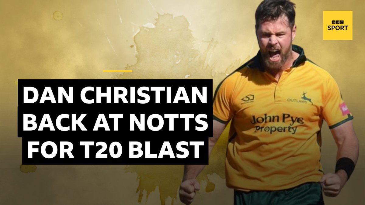 BBC Nottingham Sport (@bbcrns) on Twitter photo Big news from <a href="/TrentBridge/">Nottinghamshire CCC</a>!
Two-time T20 Blast winning captain <a href="/danchristian54/">Dan Christian</a> will return to lead Notts in this summer's competition.
The 37-year-old all-rounder has 9 global white-ball trophies to his name. Big news from <a href="/TrentBridge/">Nottinghamshire CCC</a>!
Two-time T20 Blast winning captain <a href="/danchristian54/">Dan Christian</a> will return to lead Notts in this summer's competition.
The 37-year-old all-rounder has 9 global white-ball trophies to his name.
