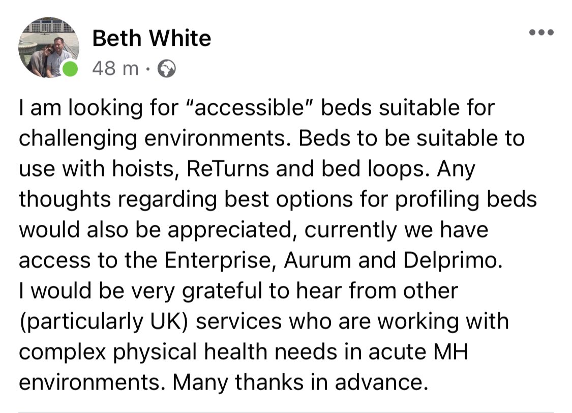 Can anyone help my clinical lead with this query about Physical Health needs in acute Mental Health environments with regards to beds and safety?