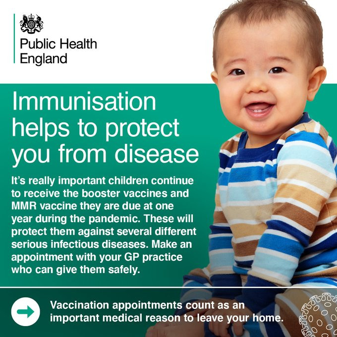 Uptake of #ChildhoodVaccinations is lower this year than previous years.

#Parents /guardians /carers in the #EastofEngland - please CONTINUE to take your #Children for their #RoutineVaccinations 

Appointments are still going ahead during #COVID19 restrictions