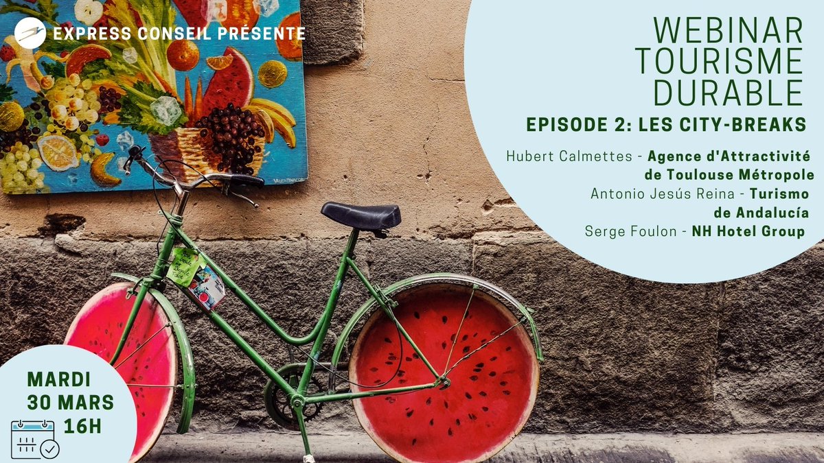 ExpressConseil's tweet photo. #Webinar📆A vos agendas! Le 2ème épisode de notre série sur le tourisme durable aura lieu mardi 30 mars,16h, sur le thème du #citybreak ♻️ Une rencontre avec @visiteztoulouse, @turismoAND &amp; @NHHotels 
 Inscriptions ➡️ https://t.co/EgdrfOo2OP
#voyagerdemain #tourismedurable https://t.co/LzAk1R97Ma