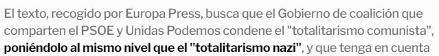 loscalvitos's tweet photo. No, Casado, el comunismo no está al mismo nivel del nazismo. Si quiere, hasta podrá acusarlo de utópico, pero sus principios son democráticos, mientras que los del nazismo son principios criminales.

(1/2) https://t.co/vPTv7TFe9Z