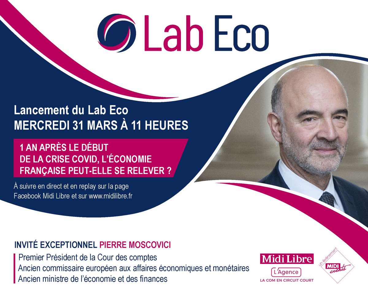 Midi_Events's tweet photo. #LabEco by MidiLibre #Lancement
1 an après le début de la crise covid, l'économie française peut-elle se relever ? 📈
Rendez-vous le mercredi 31 Mars 2021 à 11h pour cet échange exceptionnel avec Pierre Moscovici, 100% digital, en direct et sur https://t.co/nlNUXUQ00c ▶️🔴 https://t.co/kT24NkSCj5