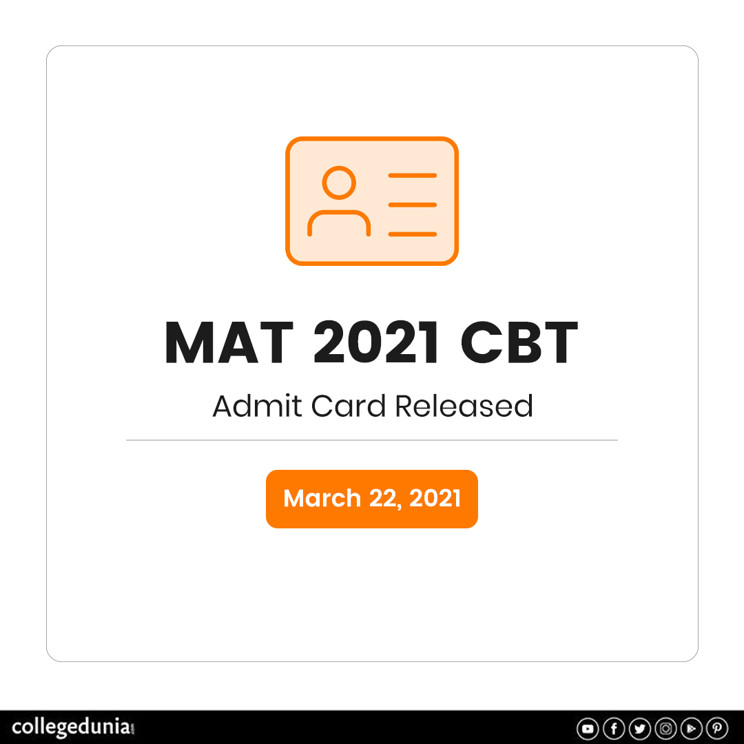 college_dunia's tweet photo. MAT Admit Card for CBT mode has been released on March 22, 2021. 
Candidates can download the hall ticket after completion of MAT Registration by paying the application fees.

Check Details https://t.co/lQNZV31DrQ

#MAT2021 #MAT #MATExam #MBA #AdmissionsOpen https://t.co/1SJqCO20cJ