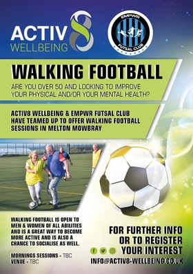 MeltonSportHA's tweet photo. A great upcoming opportunity to help improve your physical and mental health through participating in walking football⚽

All abilities welcomed! 

For further information and to register your interest please email: info@activ8-wellbeing.co.uk https://t.co/tHl6pRK5nc