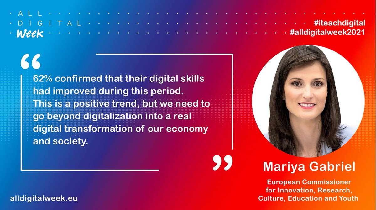 AllDigitalEU's tweet photo. In her message to #AllDigitalWeek, @GabrielMariya said of the DEAP consultation that "62% confirmed their #digitalskills had improved during this period. This is a positive trend, but we need to go beyond digitalisation into a real #digitaltransformation of our economy & society" https://t.co/kuM1XtP6sK