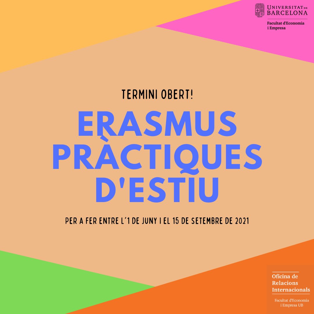 🙋🏿‍♀️Obert el termini de Erasmus Pràctiques d’estiu 2020-2021, són pràctiques per fer entre 1 de juny i el 15 de setembre. Està publicada a la nostra web, curs 2020-2021: ub.edu/uri/estudiants… i a Erasmus Pràctiques 2020-2021  ub.edu/uri/estudiants…

T'ho perdràs?
#VésMésEnllà