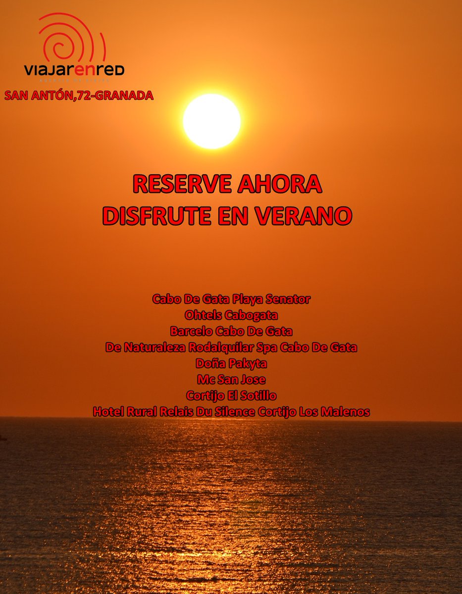 ALMERÍA - CABO DE GATA
Obtenga ahora magníficos descuentos para sus vacaciones de verano.
Cancelación gratis, precios especiales y descuento extra en nuestra oficina de calle San Antón,72- Granada
TF 644020148
#cabodegatareservaanticipada #playasverano  #especialvacacionesalmeria