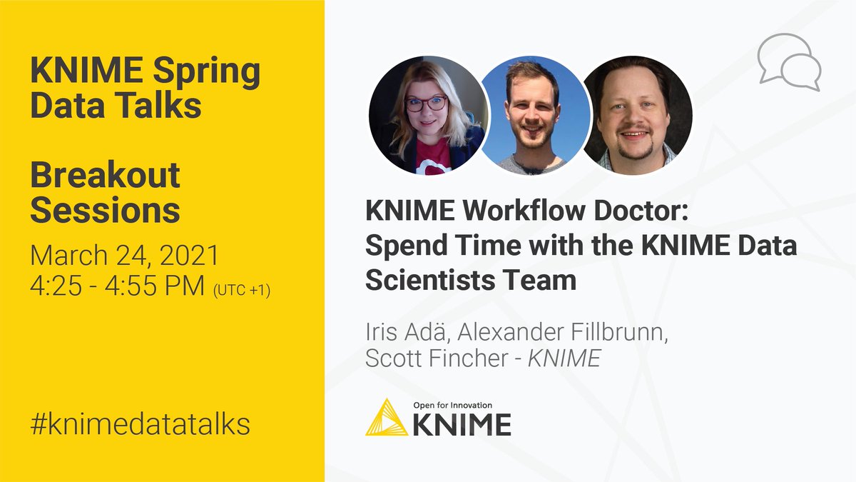 knime's tweet photo. Meet the #KNIME data scientists, @IrisAdae, Alexander Fillbrunn, and @somedatastuff during the interactive Breakout Session tomorrow. Keep your questions ready! Don't forget to register at https://t.co/Ba948r0E5O

#knimedatatalks #datascience #analytics https://t.co/d14FfKJrm6