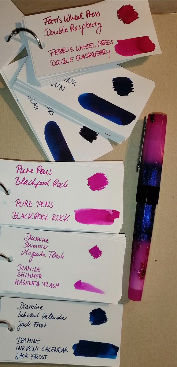 deceiving_elf's tweet photo. When you want to match your ink to your pen but are still unable to decide which ink to use ... 🤔 #fountainpenproblems #toomanyinks #pinkpurpleblue https://t.co/LhlSz6iK2k