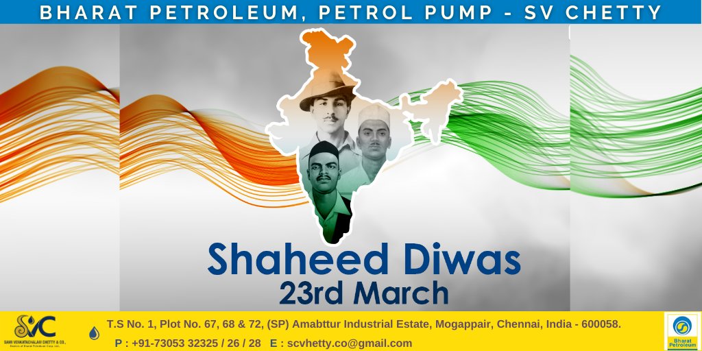 ChettyCo's tweet photo. On #ShaheedDiwas, great salute to our martyrs #BhagatSingh, #Sukhdev &amp; #Rajguru who sacrificed their lives for the freedom of India 🇮🇳 Jai Hind!
 
#ShaheedDiwas2021 #23RdMarch https://t.co/2dCeoAs0IY