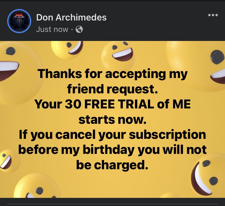 inkstein's tweet photo. Hope you survive your free trial of ME. 😂😂 https://t.co/QdsDmX6HY4
