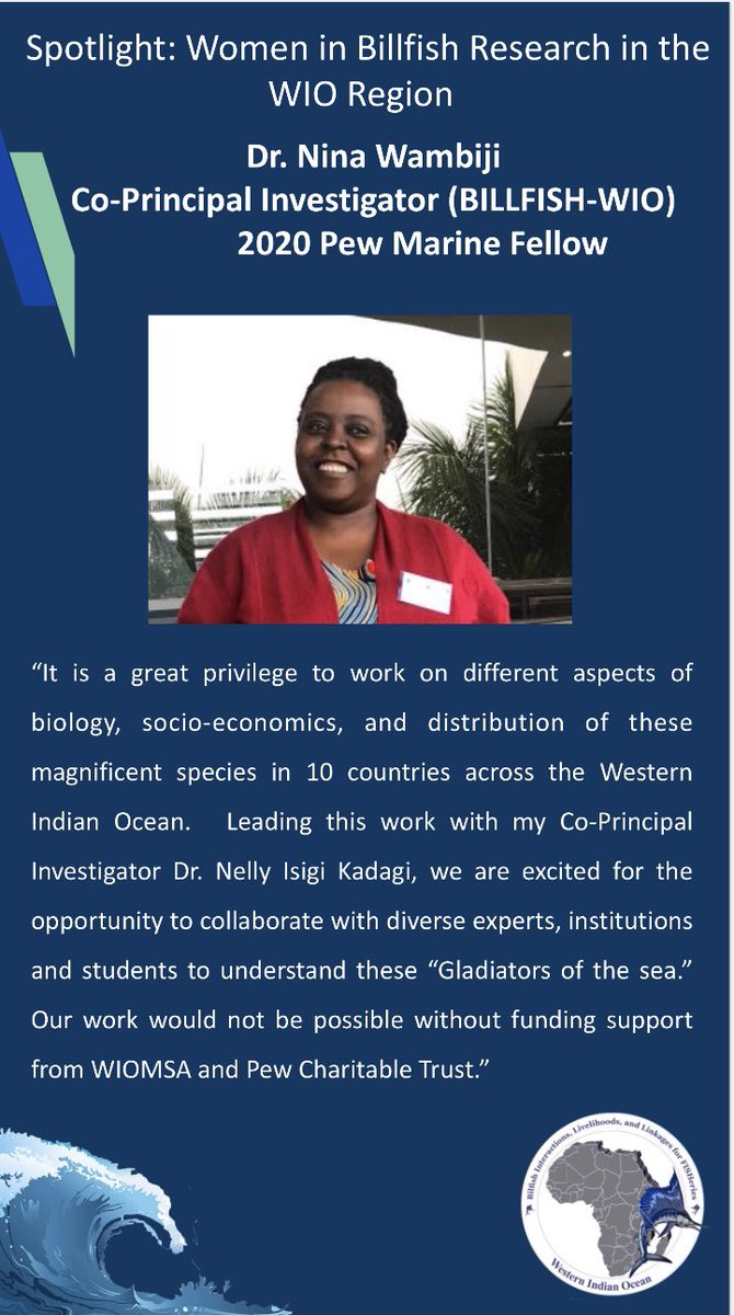 Kick-starting our ~Spotlight on Women in Billfish Research ~is none other than our awesome Co-Principal Investigator Dr. Nina Wambiji. Please join us in celebrating <a href="/NWambiji/">Dr. Nina Wambiji</a> &amp; all the female scientists who make this work possible. <a href="/wiomsa/">WIOMSA</a> <a href="/WiMSnetwork/">Women in Marine Science (WiMS)</a> <a href="/pewtrusts/">The Pew Trusts</a>