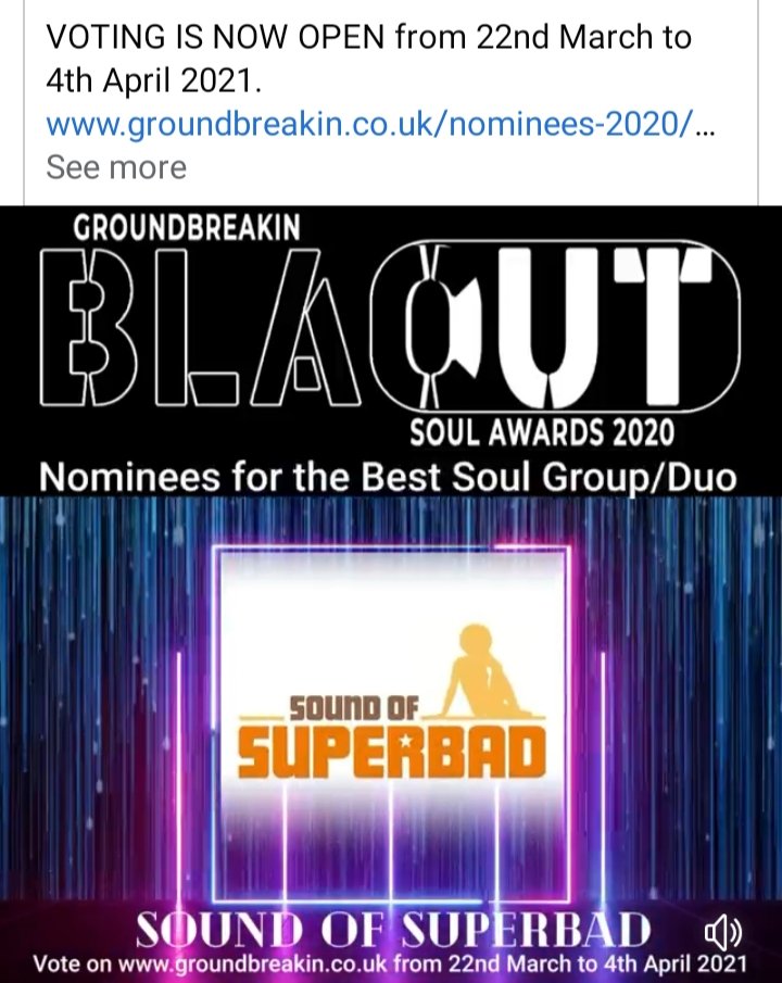 Fantastic! Nominees for 'The Best Soul Group/Duo and 'The Best Soul Single' with 'I Want Cha', thank you so much to everyone who has nominated us for the Awards, much love from us🙂🙏❤ 
Voting open now until 4th April 2021.
groundbreakin.co.uk/nominees-2020/