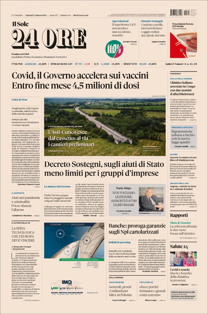 sole24ore's tweet image. Ecco la prima pagina del #Sole24Ore di oggi, martedì #23marzo: #Covid, il Governo accelera sui #vaccini. Decreto #Sostegni, sugli aiuti di Stato meno limiti per i gruppi d’imprese. #Banche, proroga garanzie sugli Npl cartolarizzati. #buonalettura #primapagina