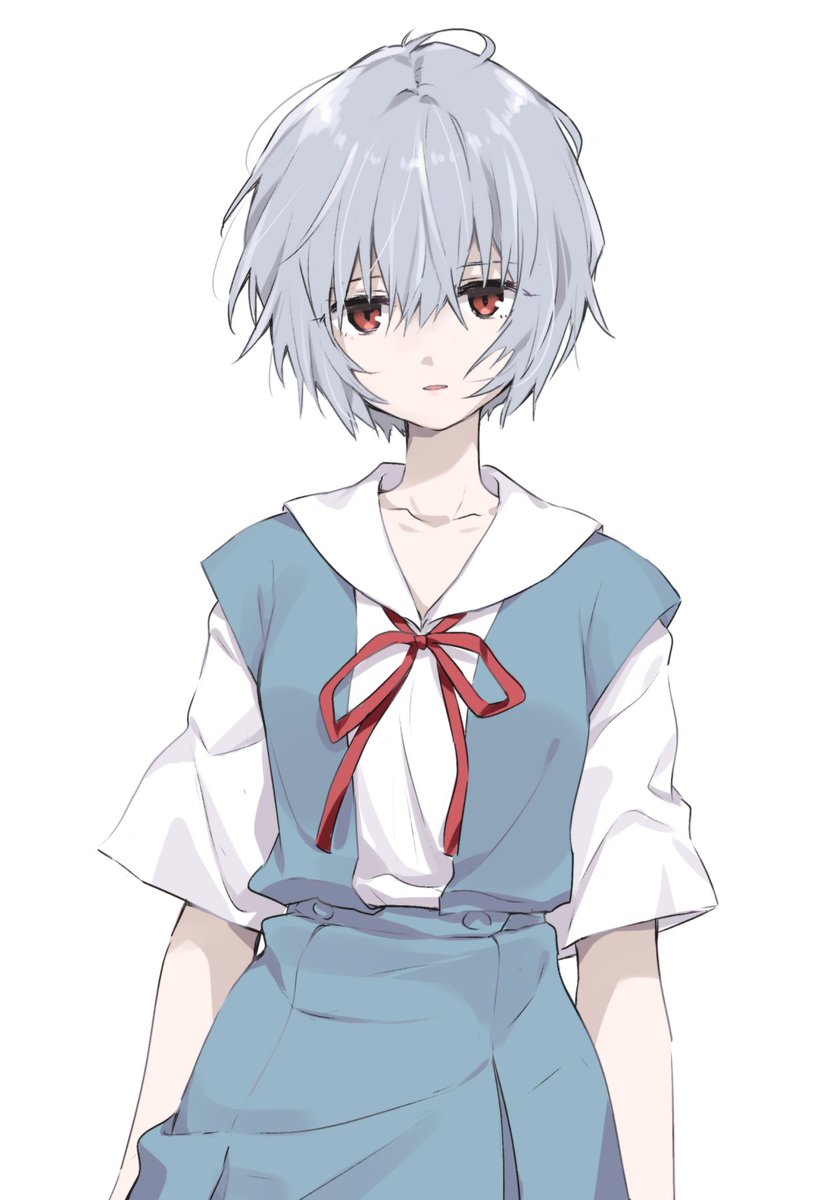 ayanami rei 1girl solo red eyes white background red ribbon school uniform ribbon  illustration images