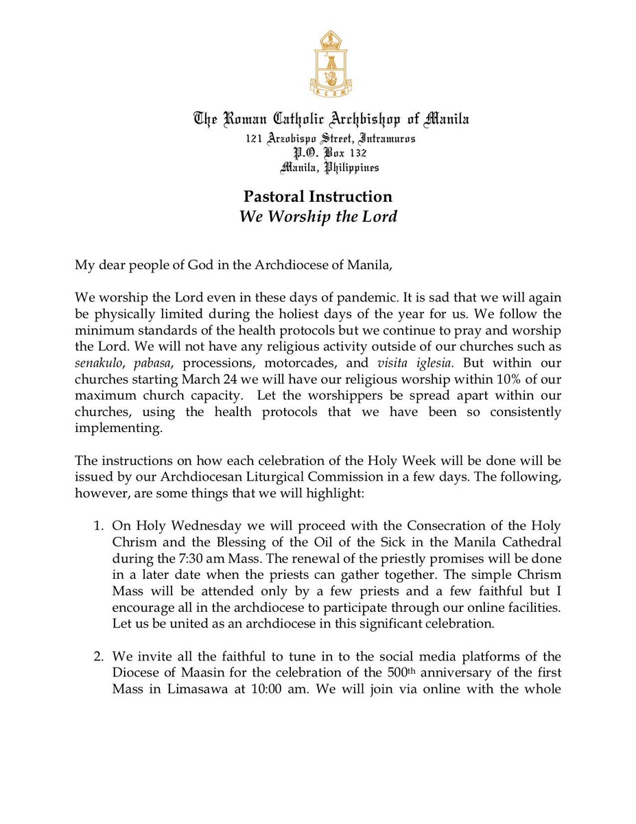 cbcpnews's tweet photo. READ: Bishop Broderick Pabillo, apostolic administrator of the Manila archdiocese, releases pastoral instruction for #HolyWeek2021 celebrations in the archdiocese, which covers the cities of Manila, Pasay, Makati, Mandaluyong and San Juan. #cbcpnews https://t.co/aCUdNyav7Y