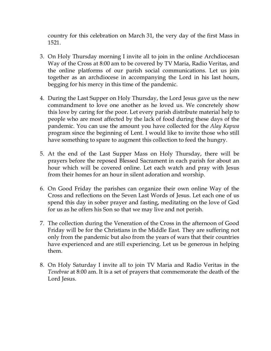 cbcpnews's tweet photo. READ: Bishop Broderick Pabillo, apostolic administrator of the Manila archdiocese, releases pastoral instruction for #HolyWeek2021 celebrations in the archdiocese, which covers the cities of Manila, Pasay, Makati, Mandaluyong and San Juan. #cbcpnews https://t.co/aCUdNyav7Y