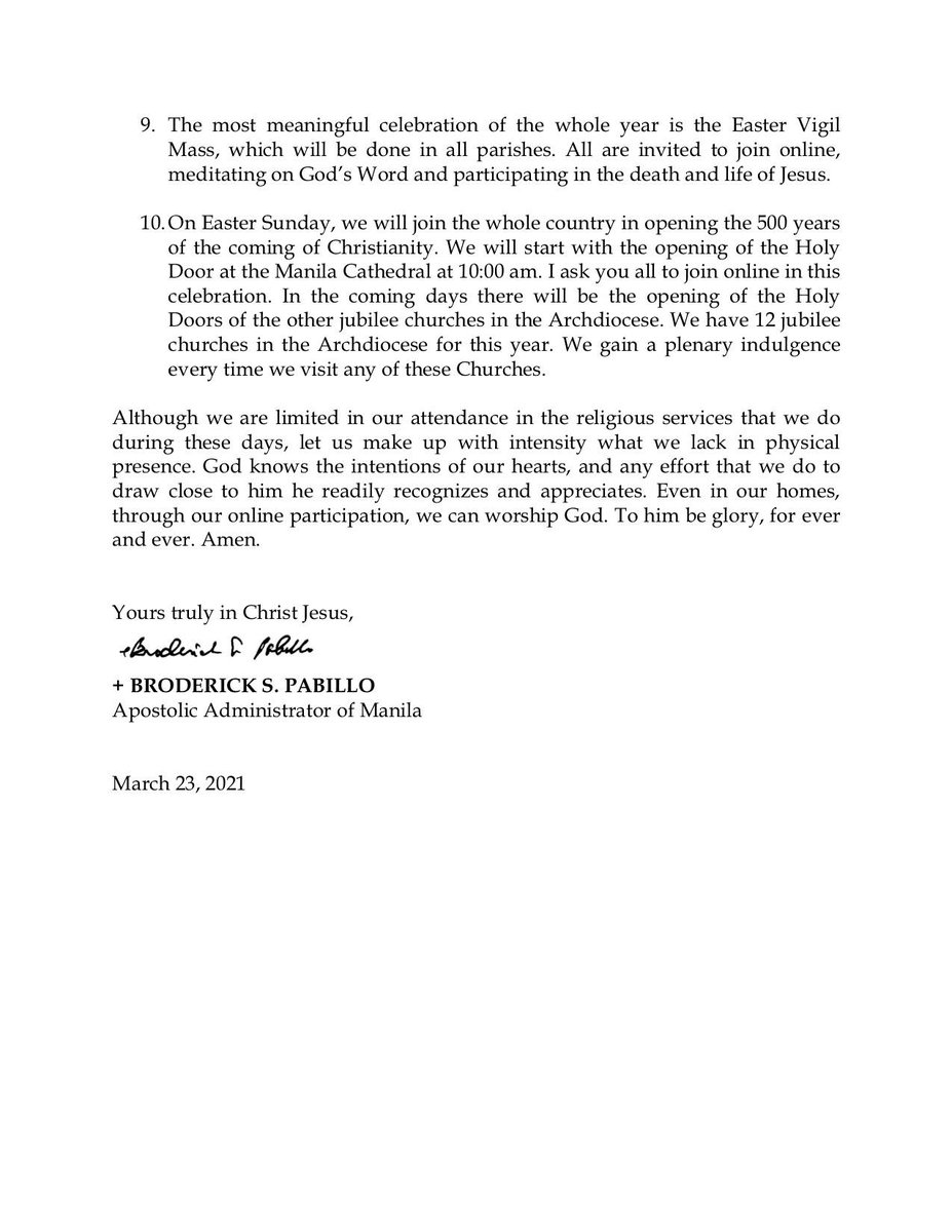 cbcpnews's tweet photo. READ: Bishop Broderick Pabillo, apostolic administrator of the Manila archdiocese, releases pastoral instruction for #HolyWeek2021 celebrations in the archdiocese, which covers the cities of Manila, Pasay, Makati, Mandaluyong and San Juan. #cbcpnews https://t.co/aCUdNyav7Y