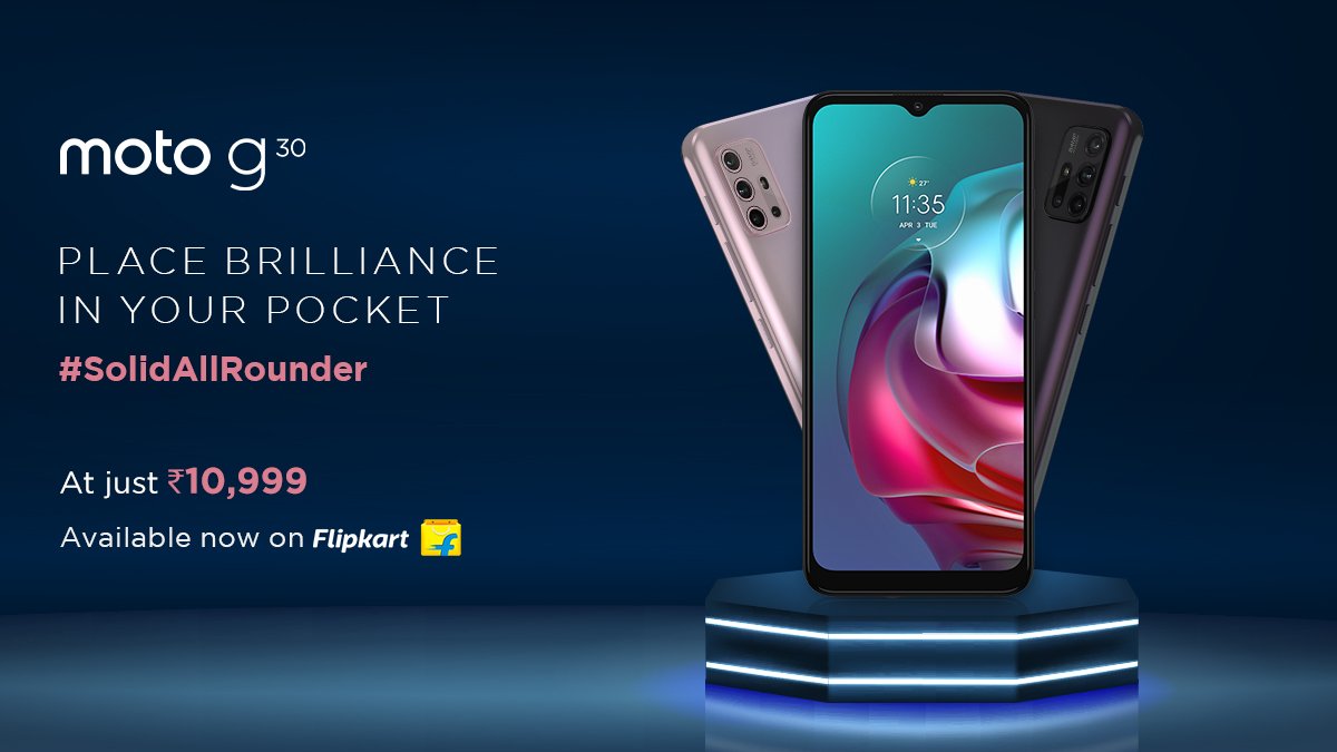 motorolaindia's tweet photo. It's easy to stay up-to-date when your smartphone keeps up with you! Do just that with the #SolidAllRounder #motog30 that comes with ultra high-res 64MP Quad Camera, a smooth 90Hz 6.5" Display, &amp; more. Available at just ₹10,999 on @Flipkart. https://t.co/LfNs2YVJBr https://t.co/NBtfjcyS4b