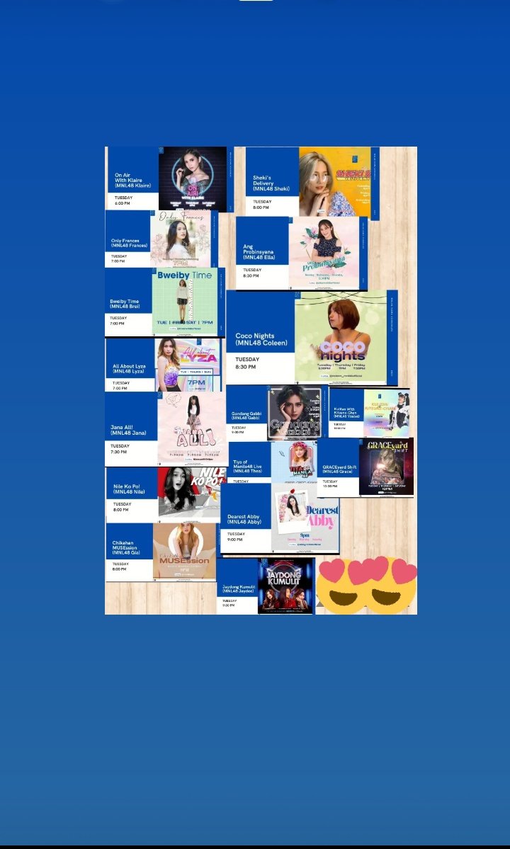 MaryJoyEnca16__'s tweet photo. MNL48 KUMU Schedules tonight 
6pm- Klaire 
7:00pm- Brei,Frances and Lyza 
7:30pm- Jana 
8:00pm- Sheki,Gia and Nile 
8:30- Ella &amp; Coco
9pm- Gabb,Abby and Thea 
9:30- Jaydee 
10pm- Grace and Yzabel 
@UniGabbFam @UniCocoo @MNLColeenfinity @breilieversofc @ShekiSakurasPH https://t.co/Ll4Vuiuy0i