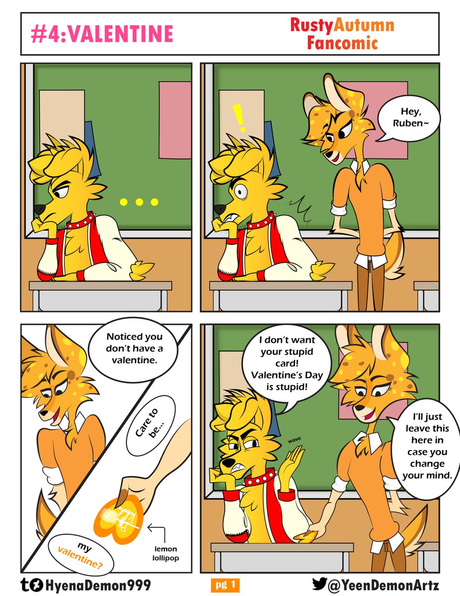 judas_hyena's tweet photo. #4: VALENTINE
A RustyAutumn Fancomic

Though Rusty normally doesn't receive anything for Valentine's Day, Autumn attempts to cheer up the canine by giving Rusty some love~
#rustyautumn #rustyzoophobia #autumnzoophobia #zoophobiafanart #zoophobia #comicart #digitalart #fanart https://t.co/qp2q9BxIIi