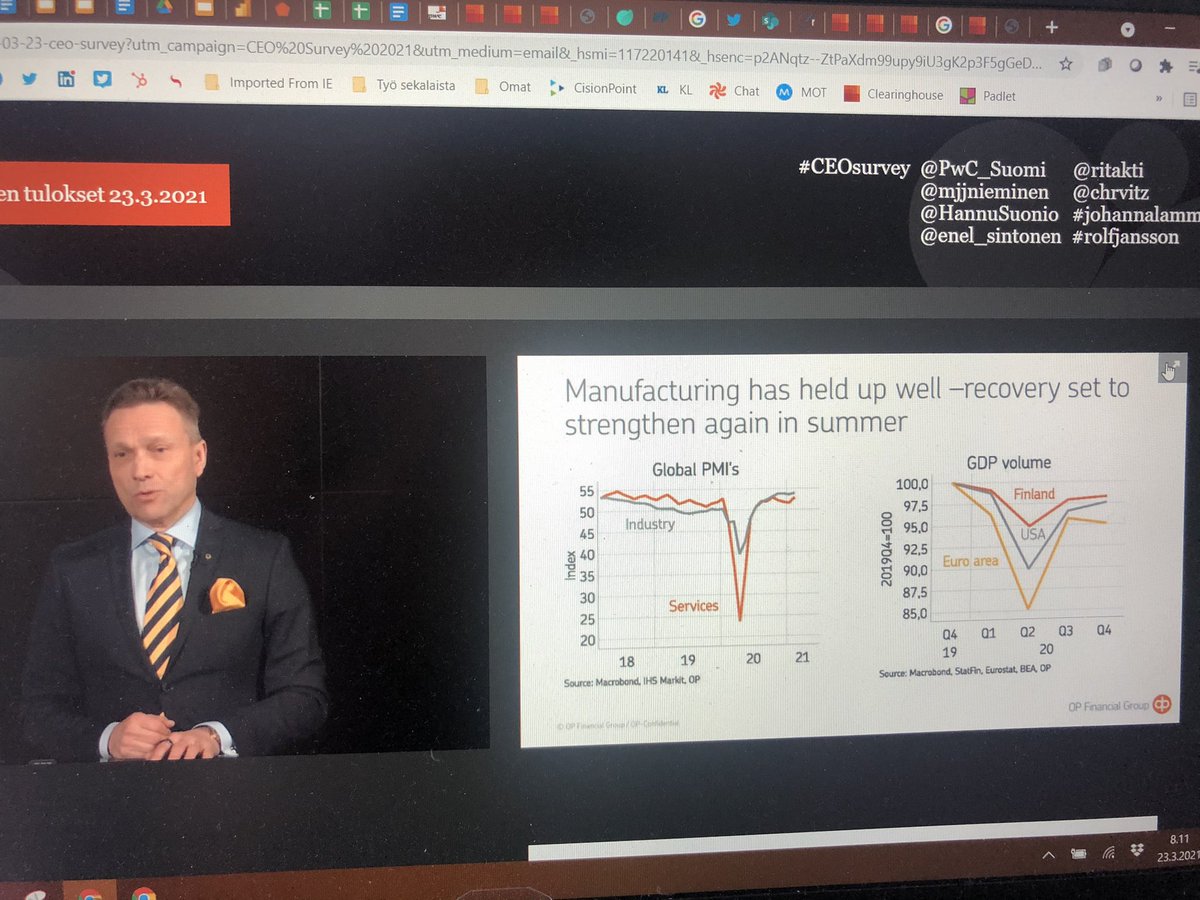 Indeksit tukevat <a href="/ritakti/">Timo Ritakallio</a>’n mukaan #PwC:n #CEOsurvey-tuloksia uskosta kasvuun. Haasteet rokotuksissa sisältää riskejä kasvulle.  Euroopan BKT:n odotetaan kasvavan yli 4 % tänä vuonna. Merkkejä myös #inflaatio’sta. #talous #kasvu #toimitusjohtajatutkimus
