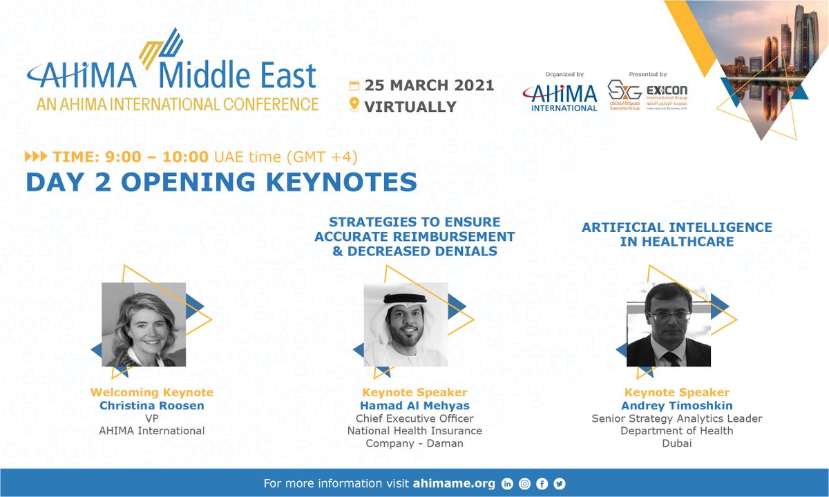 AHIMAInt's tweet photo. Opening Keynotes - Day 2, 25th March AHIMA Middle East #ahimame
Register here: https://t.co/ji9wR6hEjC
Hear from Christina Roosen, VP AHIMA International and regional leaders share the current and upcoming healthcare trends that impact those who live and work in the Middle East. https://t.co/PBfLXE0yoT