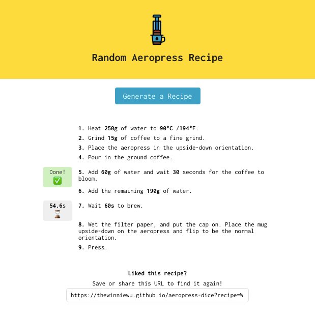 TheWinnieWu's tweet photo. Aeropress enthusiast friends! Happy to share that v1.1 of the aeropress dice project is live!✨ Now with in-app timers ⏲️ and saveable recipes📋! Happy brewing! https://t.co/PT9Qv5Z2KI https://t.co/7a1wXVlh6S