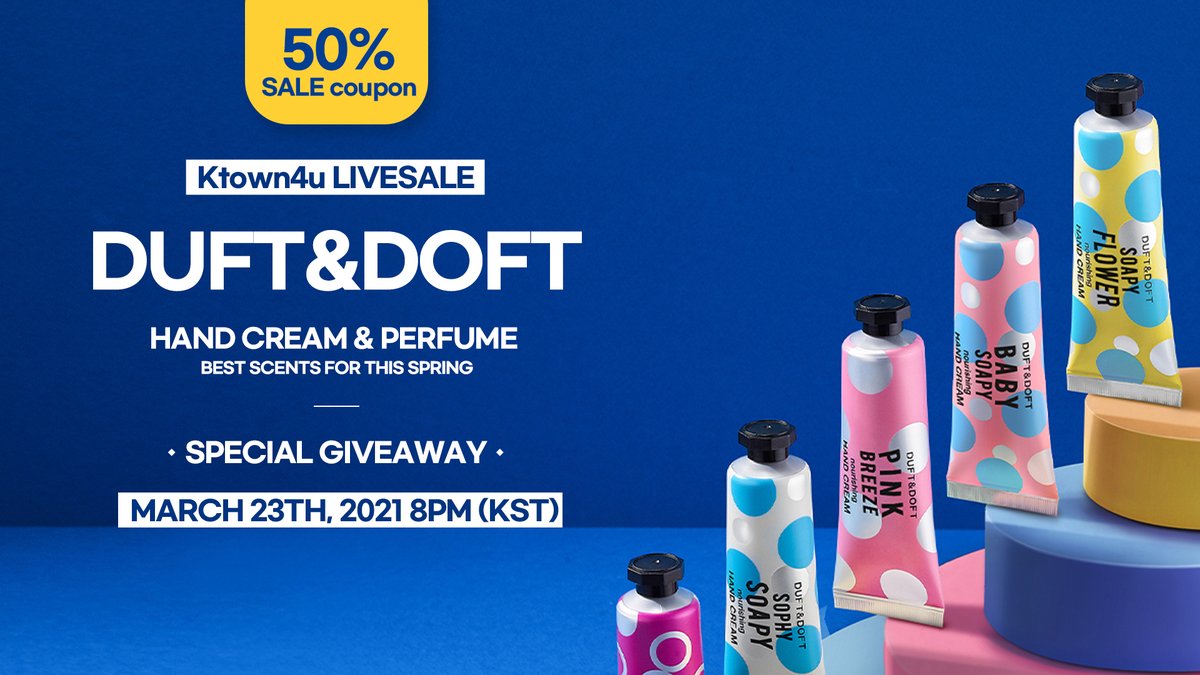 🎉 Ktown4u Livesale 🎉  

✨ K–Beauty #DUFT&DOFT ✨  
COME TO FIND THE BEST SCENT FOR THIS SPRING 
#DRESSPERFUME #NOURISHING #HANDCREAM
#PERFUMED #BODYWASH #BODYLOTION

💌 50% COUPON
AND SPECIAL GIVEAWAY💖 

🕗 TODAY 21. 03. 23 8PM KST
🔗 ktown4u.io/youtube_live
