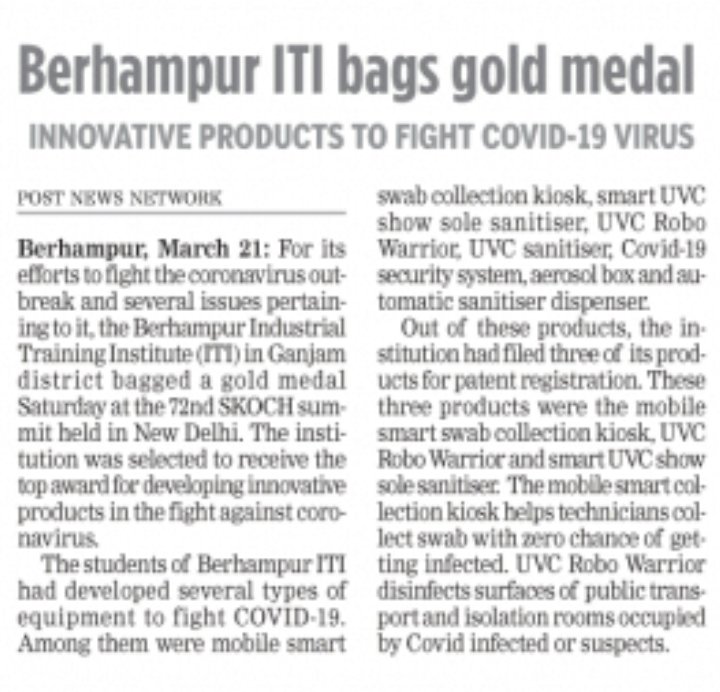 DGT_MSDE's tweet photo. ITI Berhampur make us proud by bagging Gold Medal in the prestigious 72nd SKOCH summit for its out standing work in Devloping innovative products which are filed for patent to fight global pandemic #Unite2FightCorona #ITI https://t.co/x1MHQdzOtb
