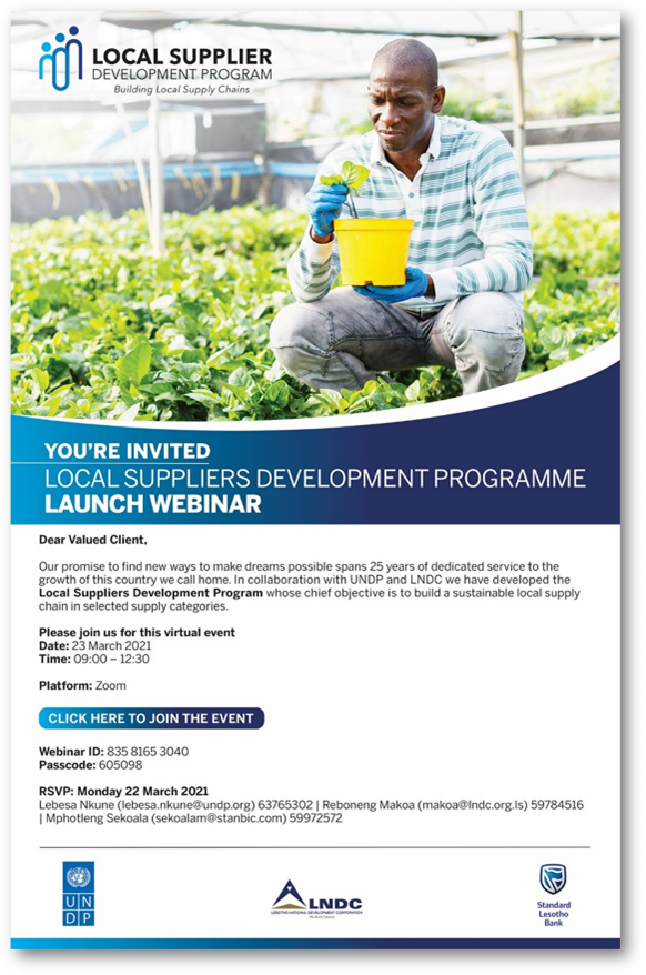 UNDPLesotho's tweet photo. Join the official Launch of the Local Suppliers Development Programme #LSDP brought to you by @UNDPLesotho,@StandardLesothoBank,@LNDC on promoting local productivity and capacities to supply local markets and potential future exports.
#MSMESs #GOL #LocalSupply #greeneconomy https://t.co/9qOS4bgCY7
