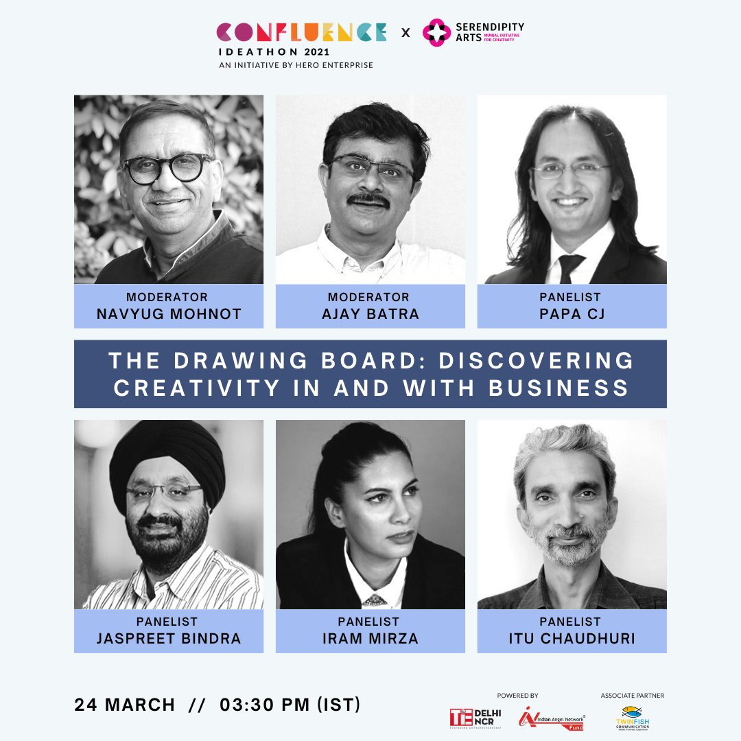 YSEcosystem's tweet photo. Join us on 24th March at 3:30 pm for the live discussion with panelists Papa CJ, Jaspreet Bindra, Iram Mirza, &amp; Itu Chaudhuri with moderators Navyug Mohnot &amp; Ajay Batra for The Drawing Board: Discovering Creativity in &amp; with Business.

Register: https://t.co/Db05xBKRkp @CIDeathon https://t.co/MnIUXdFkxV