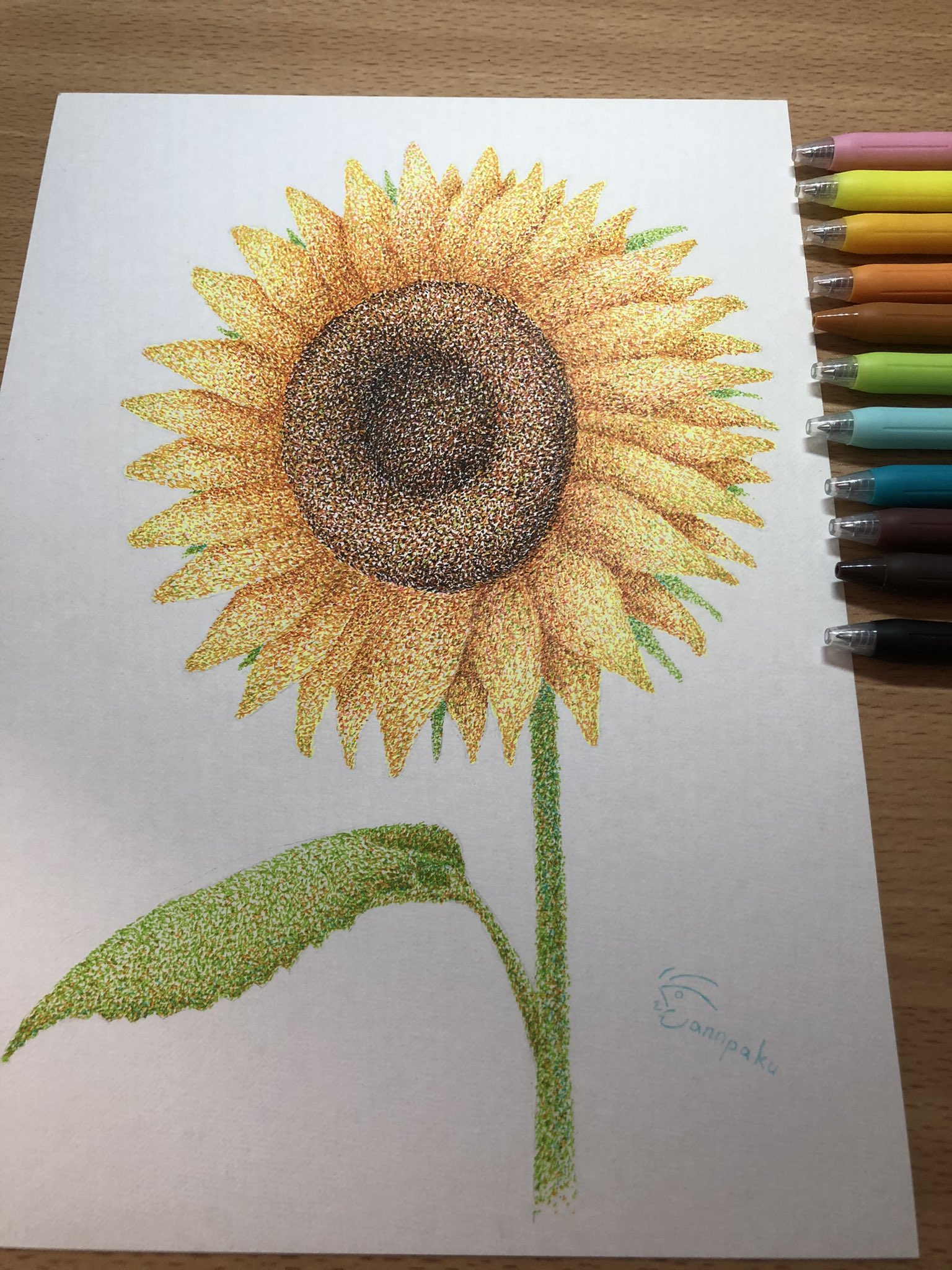 Twitter 上的 わんぱく ひまわりを描きました 何気に花を単体で描くのは初めてな気がします 点描画 ボールペン画 ボールペン点描画 ひまわり 向日葵 T Co Cextvbsoe4 Twitter