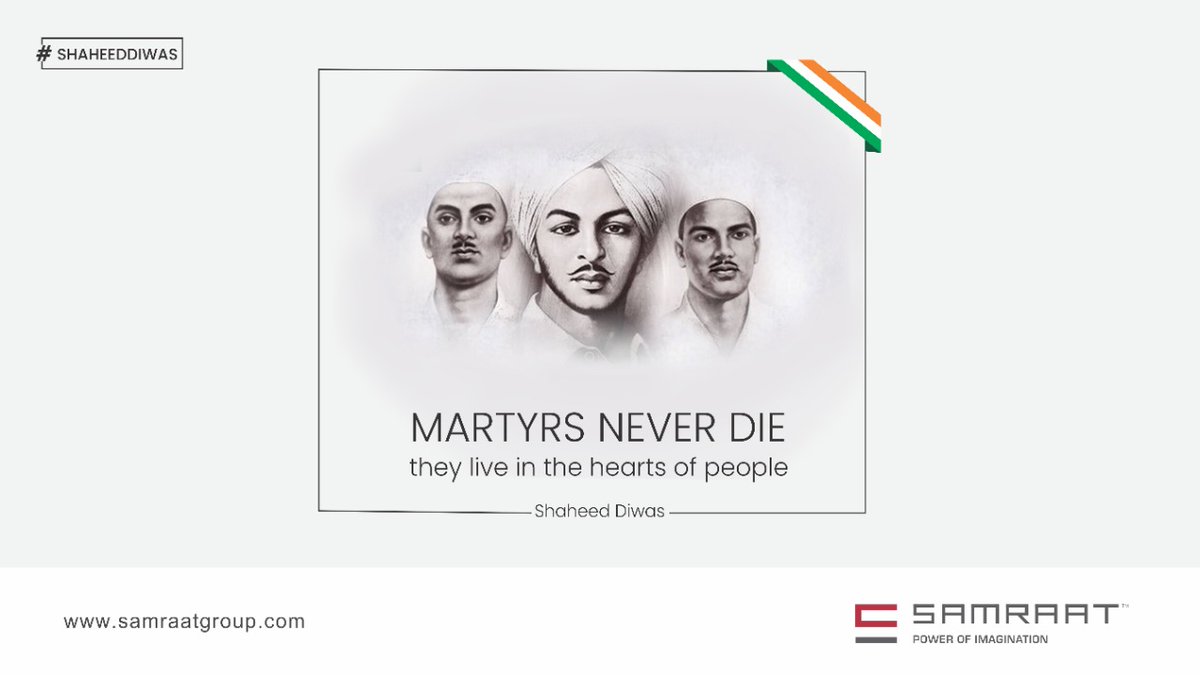 samraat_group's tweet photo. जो देश का इतिहास बनाते है, वो शाहिद केहलाते है!
Remembering the heroes on this Shaheed Divas
#MartyrsDay #India #Shaheed #BhagatSingh #martyr #JaiHind #Respect #Salute #indian #Sacrifice #MartyrsDay #IndianArmy #Soldiers #FreedomFighter #freedom #Sukhdev #Rajguru #samraatgroup https://t.co/046PMbJFOc