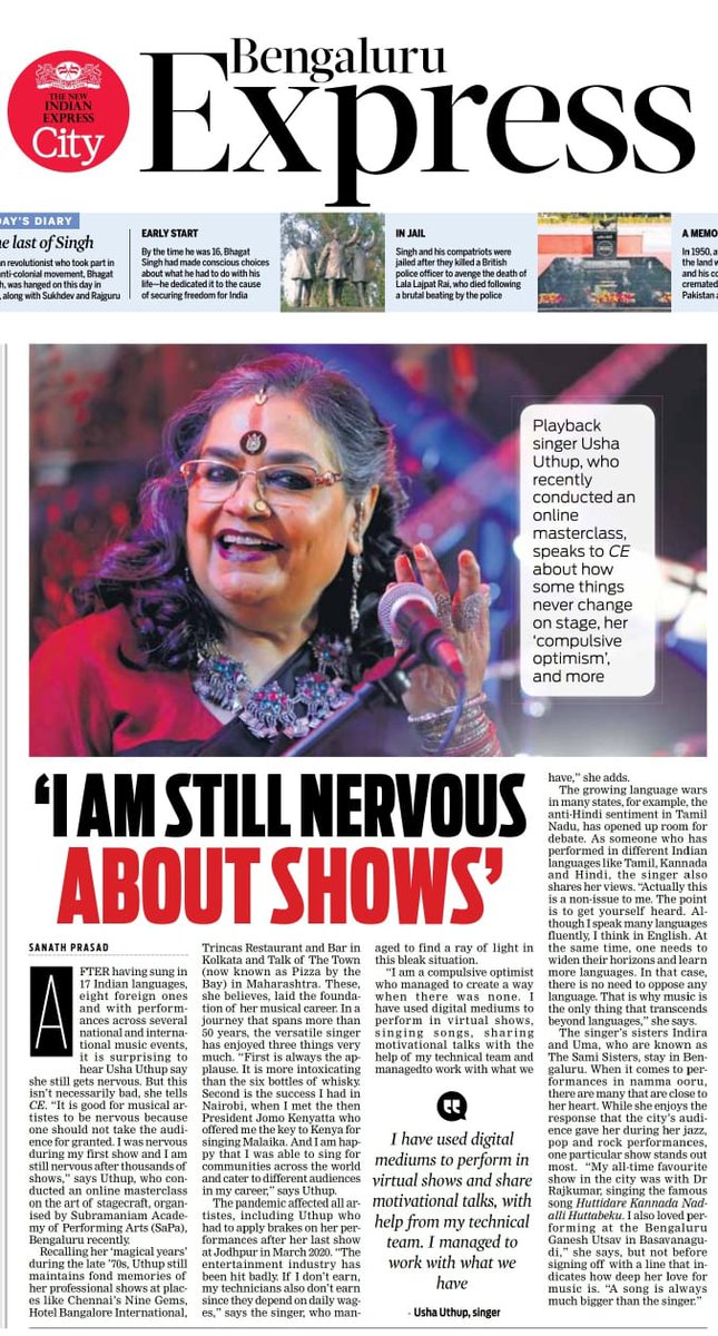 tweetsanath's tweet photo. "I am still nervous about shows" says singer Usha Utup in an interview with @NewIndianXpress.
She shares her thoughts about her musical journey spanning 50+ years  and adapting to virtual life to keep her music shows going. 
@XpressBengaluru
@tniefeatures
@santwana99 https://t.co/31IDFfjghr