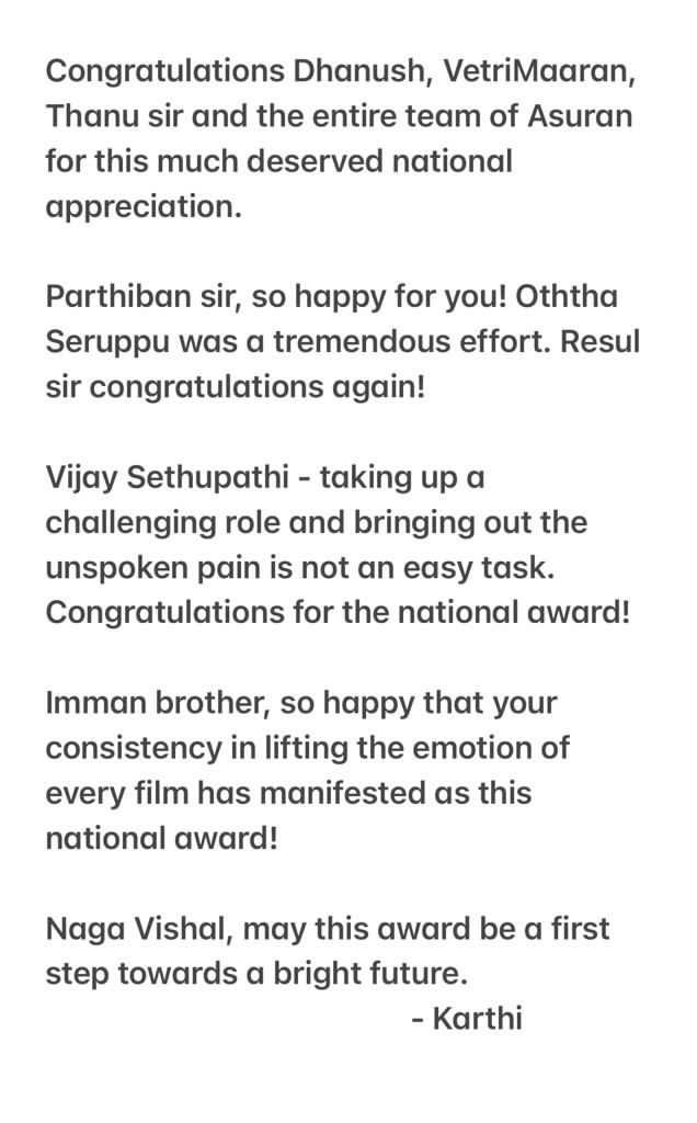 Karthi_Offl's tweet photo. Congratulations to all the National Award winners :) 

#NationalAwards https://t.co/UMAOEgBeEz