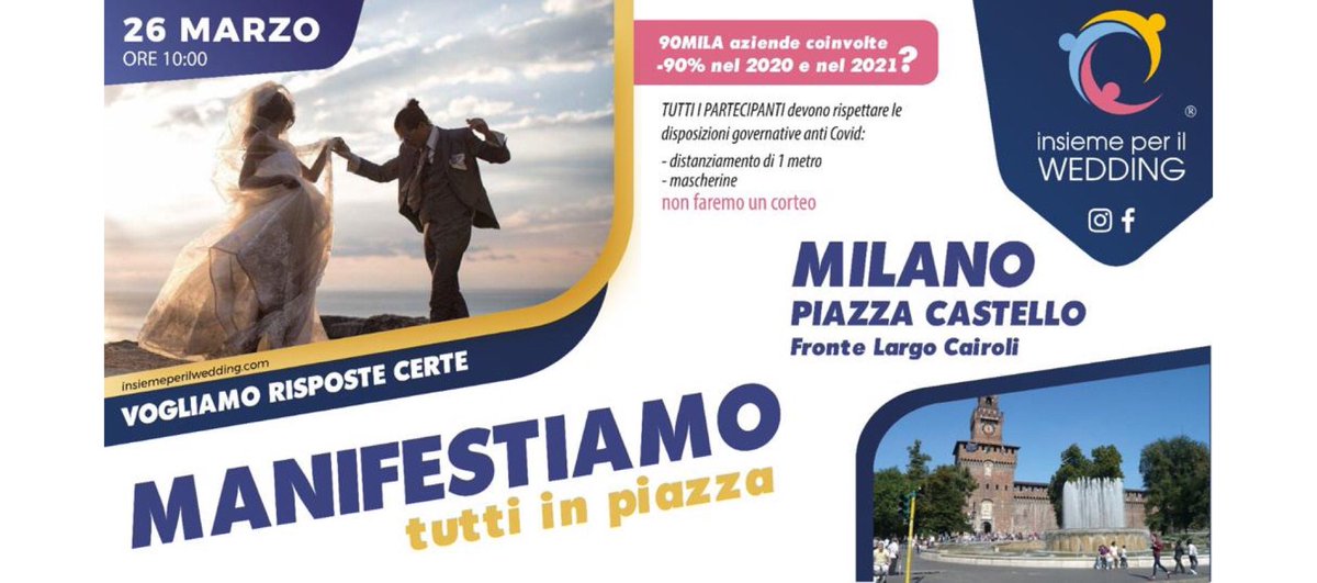 Ci troviamo a Milano Venerdì 26 marzo dalle 10.00 alle 13.00 per manifestare la richiesta di protocolli idonei per far ripartire in data certa i Matrimoni. 
Piazza Castello nell’area limitrofa alla Fontana Torta degli Sposi.
#insiemeperilwedding 

fb.me/e/3JEApAwfl