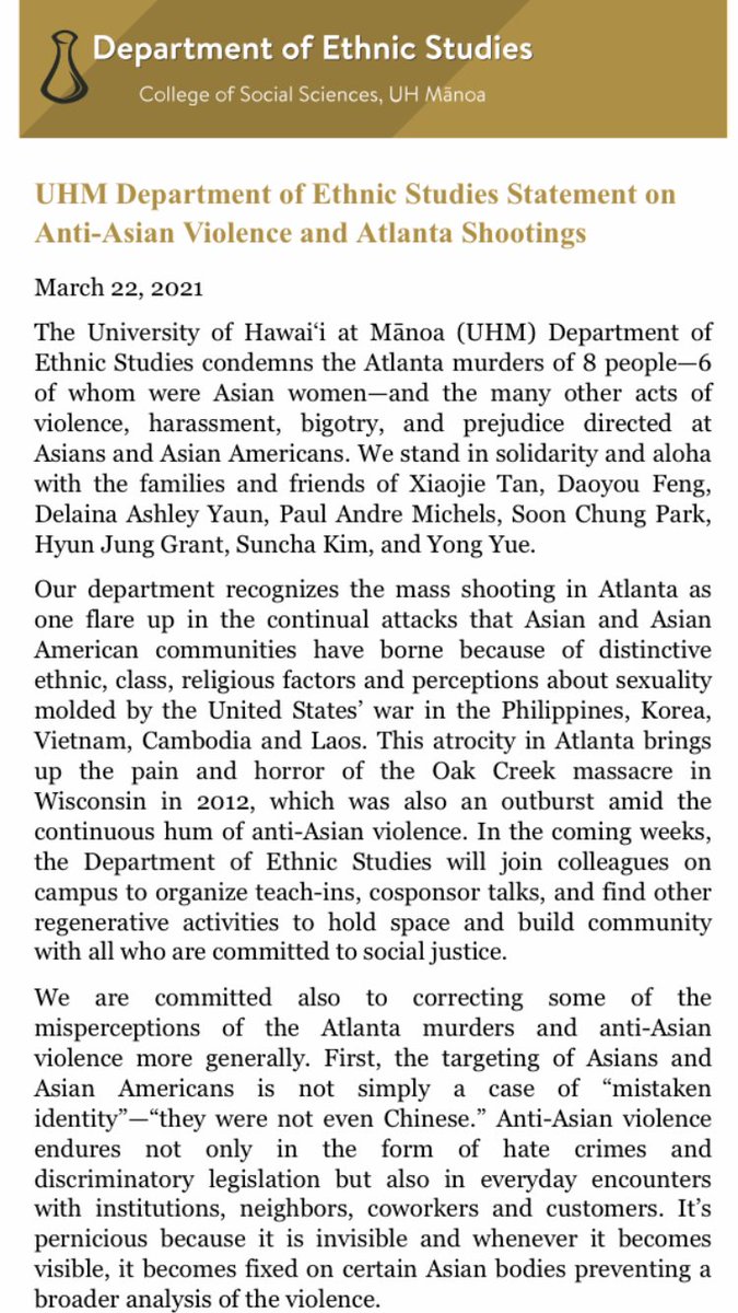 uhm_es's tweet photo. ES statement on Anti-Asian Violence and Atlanta Shootings.  https://t.co/LWtyfaUv4Y https://t.co/4RLsgpCNqz