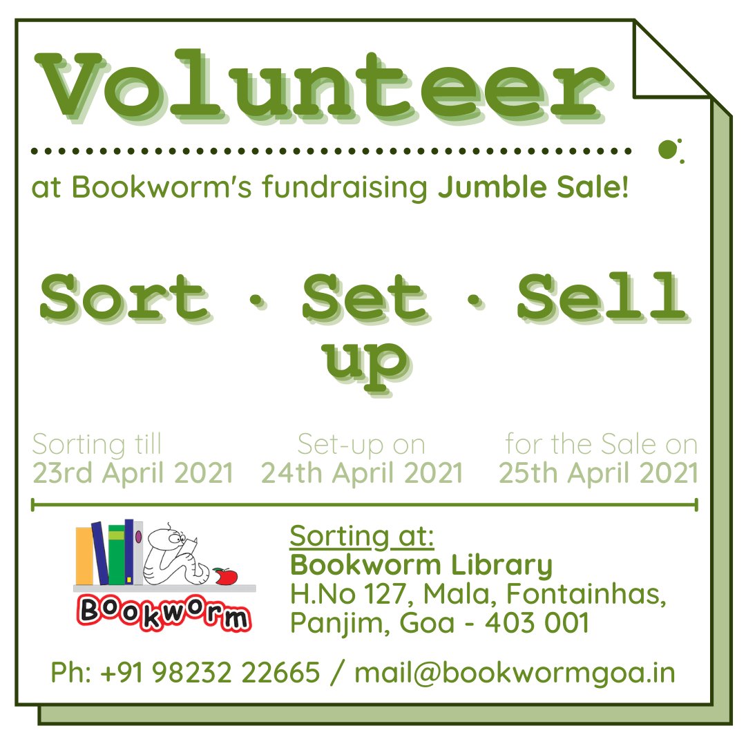 BookwormGoa's tweet photo. Bookworm is organizing our annual fundraiser sale! The proceeds of the sale go towards our library initiatives. Volunteer for a cause!
Contact +91 9823222665 for further queries
#bookwormgoa #bookwormtrust #jumble2021 #librariesofgoa #goaevents #panjimevents #eventsingoa #goa https://t.co/3bqbE1icf1