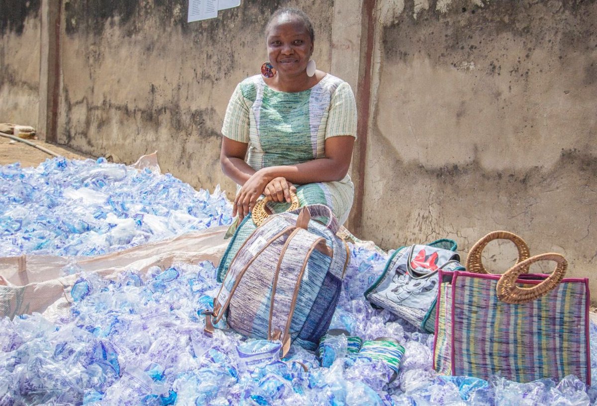 withkifli's tweet photo. All the products in the pictures are made from pure water sachets waste including her dress ✊🏿 https://t.co/oBfpElnYOX