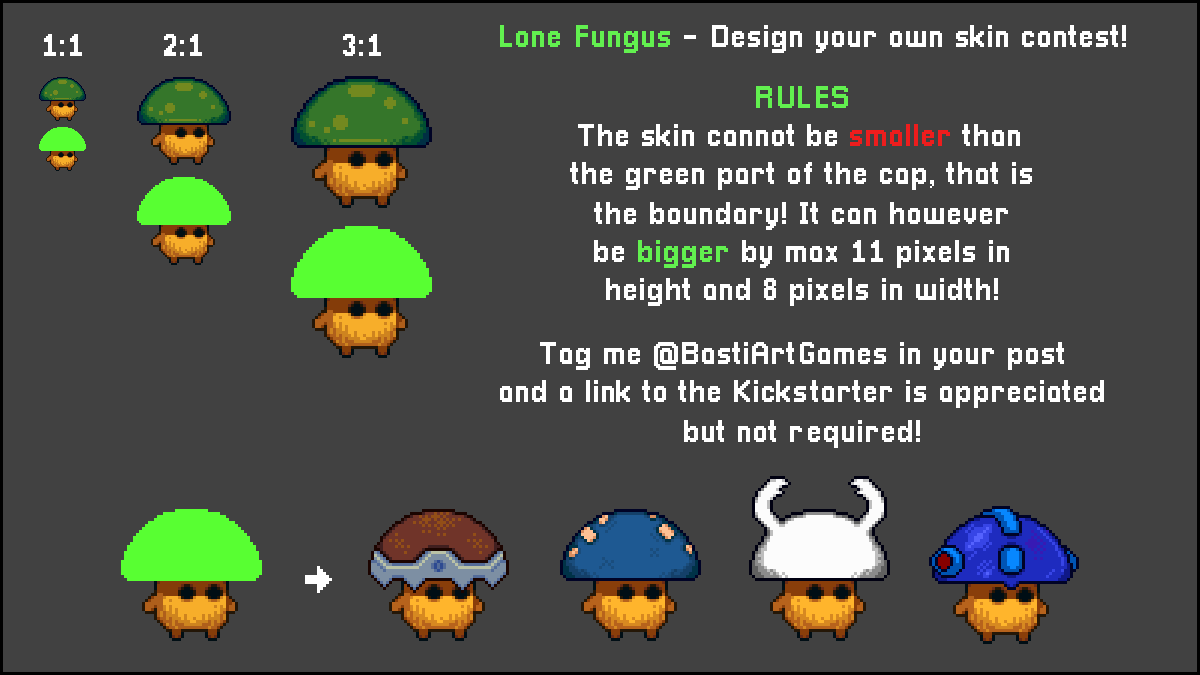BastiArtGames's tweet photo. All #pixelart people! I'm running a 'Make your own skin' #contest for Lone Fungus! All you gotta do is make a cool skin, tag me here on twitter and you can win a copy of the game and get your skin into the game!

The contest will end when the Kickstarter ends! https://t.co/H0RxuQCPXN