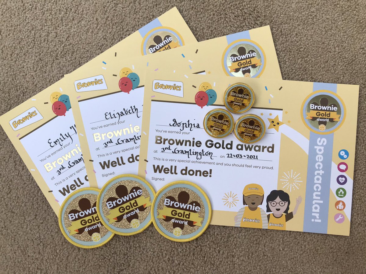 justjudehow's tweet photo. Well we had our first zoom  meeting a year ago today and we celebrate  with 3 Brownie  Gold awards.  It’s been a tough year but girls have continued  to have fun ,do  skills builders , UMAs  and interest badges. @Girlguiding  @GirlguidingNEE https://t.co/gfFJsjwIsl