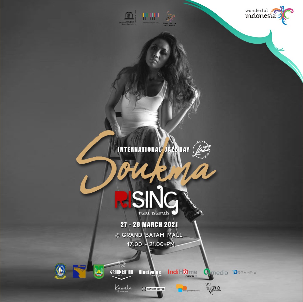 present  
𝕽𝖎𝖘𝖎𝖓𝖌 𝕽𝖎𝖆𝖚 𝕴𝖘𝖑𝖆𝖓𝖉𝖘

to celebrate International Jazz Day 2021

27-28 March 2021
17.00 - 21.00 PM
Grand Batam Mall 
Venue: F &amp; B lifestyle (Outdoor)

#jazzday10 #jazzday #Batamjazzsociety #risingriauislands #kepribangkit #batamilikita
#grandbatam