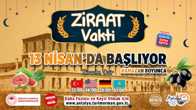 . @ANTALYA_TOM işbirliğiyle Ramazan ayı boyunca  düzenleyeceğimiz #ZiraatVakti 13 Nisan'da başlıyor. Türk mutfağından böceklerin gizemli dünyasına,  Mevlana'dan ebru sanatına birbirinden farklı konuların anlatılacağı  programın kayıt ve detayı için:

docs.google.com/forms/d/e/1FAI…