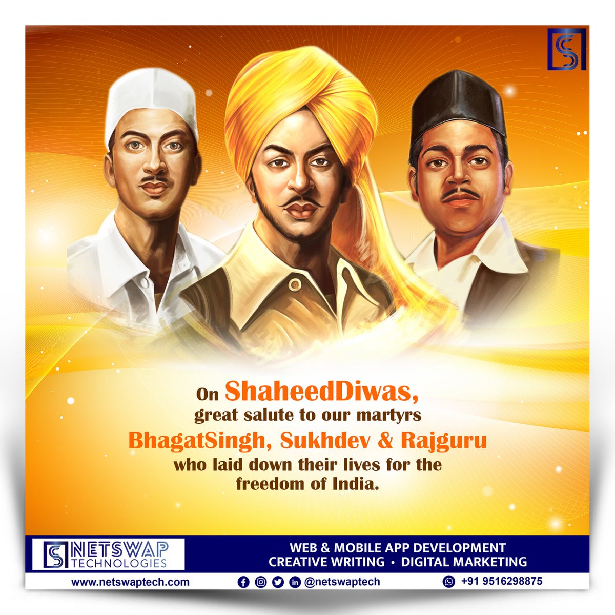 swapnil_karma's tweet image. On #ShaheedDiwas ,#NetSwapTechnologies salutes to our martyrs #BhagatSingh, #Sukhdev &amp;amp; #Rajguru who laid down their lives for the freedom of India. 
#MartyrsDay
#शहीद_दिवस
#23March

#webdevelopment #mobAppDevelopment #DigitalMarketing #creativewriting

netswaptech.com