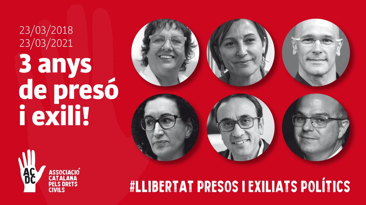 Avui fa TRES anys que la presidenta del Parlament Carme Forcadell, i els consellers Dolors Bassa, Raül Romeva, Josep Rull i Jordi Turull són a la presó i que la Marta Rovira és a l'exili.
No defallirem fins a la llibertat de tots vosaltres!
#LlibertatPresosPolíticsiExiliats