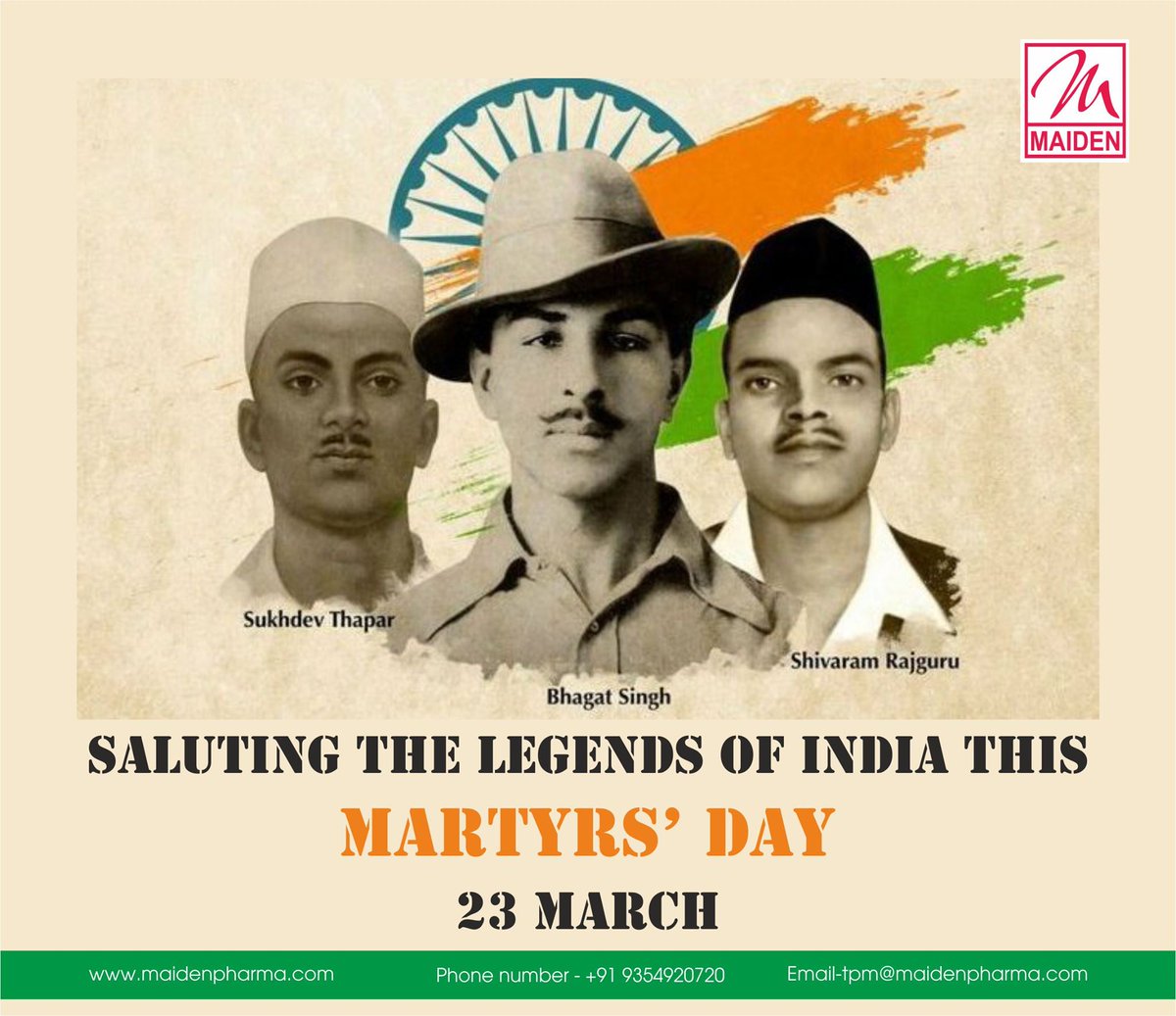 LtdMaiden's tweet photo. Saluting the legends of India this MARTYR"S DAY
#maiden #maidenpharmaceuticals #pharma #indiabestpharmaexporters #bestexportersinindia #pharmamanufacturingcompany #exportersinIndia #pharmaexportersnearme #pharmaexporterindelhincr #neutralcore #pharmacist #PCDPharma https://t.co/g8Lct40gRI