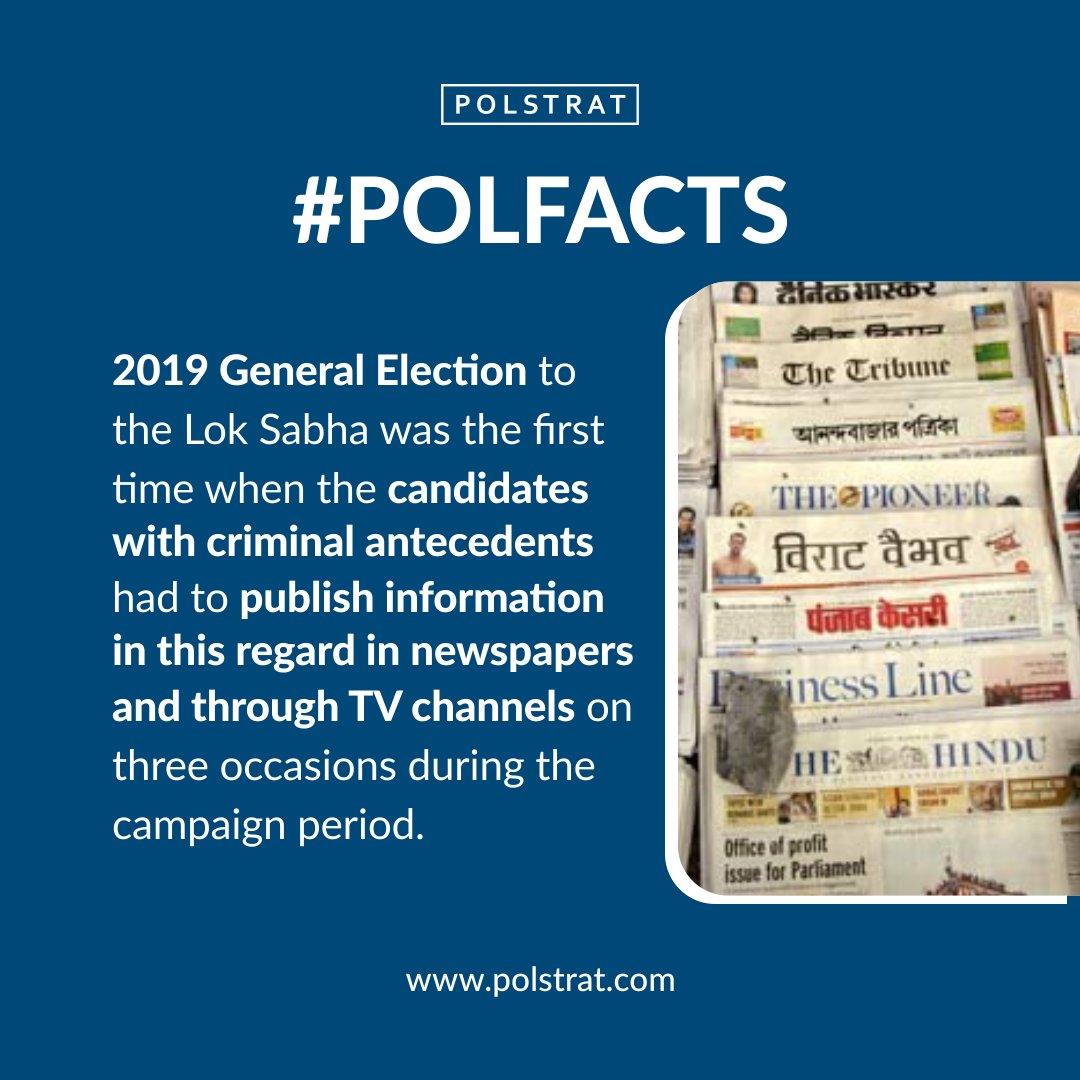 teampolstrat's tweet photo. #PolFact: 

#2019GeneralElection to the #LokSabha was the first time when the candidates with criminal antecedents had to publish information in this regard in newspapers and through TV channels on three occasions during the campaign period. https://t.co/Tx1aSCRafQ