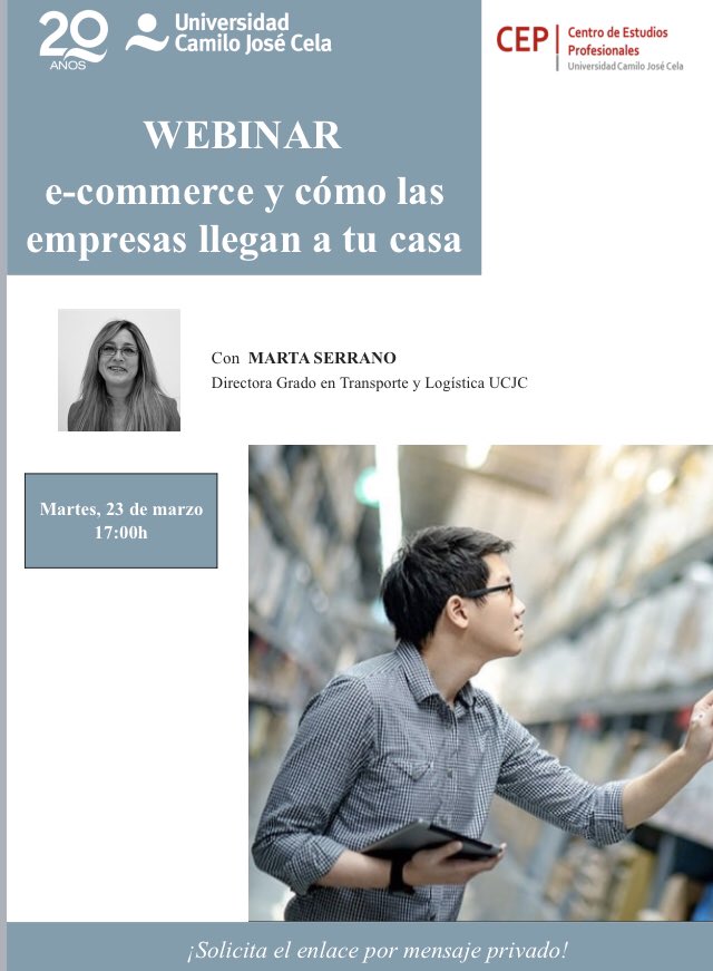 Ruth_Galeano's tweet photo. ¿Cómo llegan las empresas a tu casa?
Hoy Marta Serrano Pérez impartirá una interesante #webinar sobre #ecommerce
Si estás interesado en asistir, solicita enlace en hcarrasco@ucjc.edu
#DescubreLaFP de la Universidad Camilo José Cela
#somoscep #transporte #logística https://t.co/zbMU6oni4h
